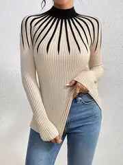 Elegant High Neck Color-Block Sweater – Apricot Edition  All-Season Chic Knitwear