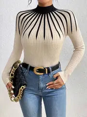 Elegant High Neck Color-Block Sweater – Apricot Edition  All-Season Chic Knitwear