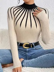 Elegant High Neck Color-Block Sweater – Apricot Edition  All-Season Chic Knitwear