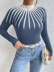 Elegant High Neck Color-Block Sweater – Apricot Edition  All-Season Chic Knitwear