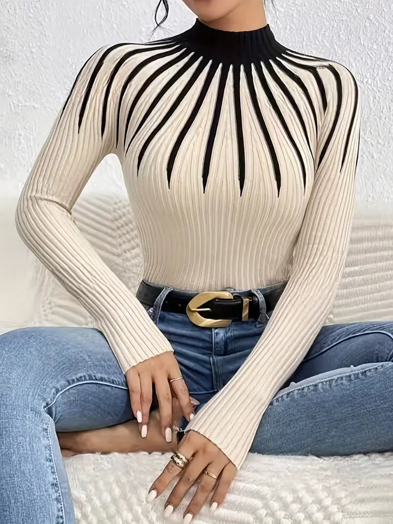 Elegant High Neck Color-Block Sweater – Apricot Edition  All-Season Chic Knitwear