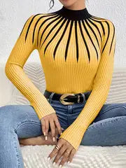 Elegant High Neck Color-Block Sweater – Apricot Edition  All-Season Chic Knitwear