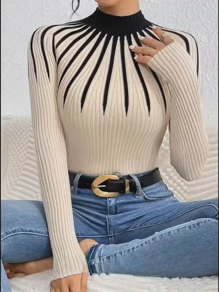 Elegant High Neck Color-Block Sweater – Apricot Edition  All-Season Chic Knitwear
